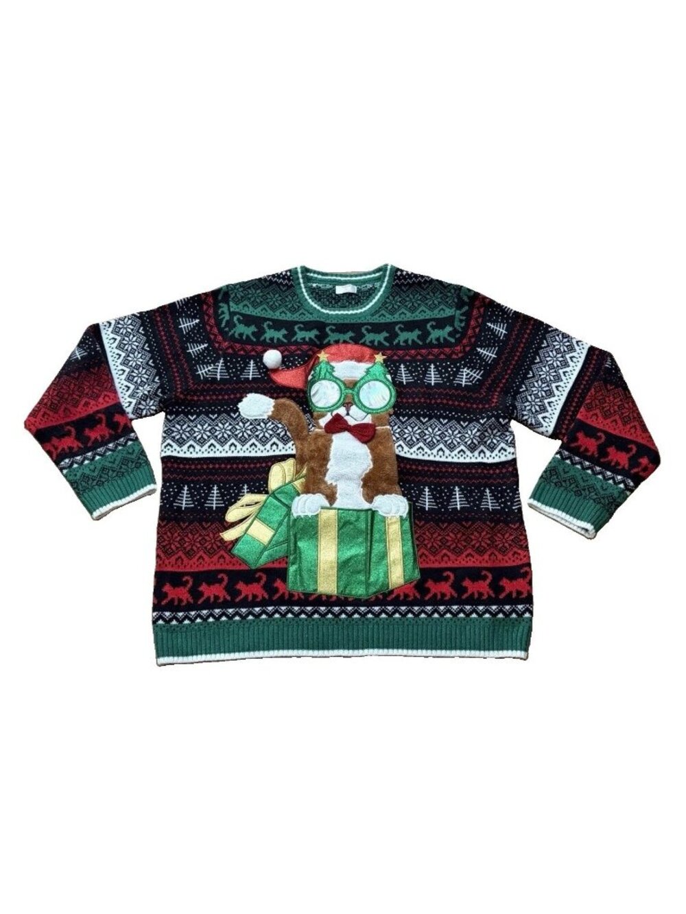 Holiday Time Ugly Christmas Cat Sweater Mens 2XL Winter Presents Knit Crew Neck